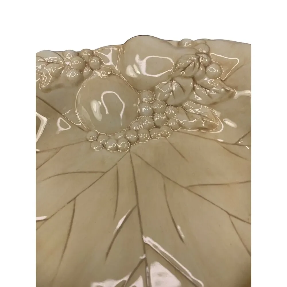 Hallmark Embossed‎ Grape Leaf and Fruit Ceramic Bowl Wine and Ivory 8 1/2